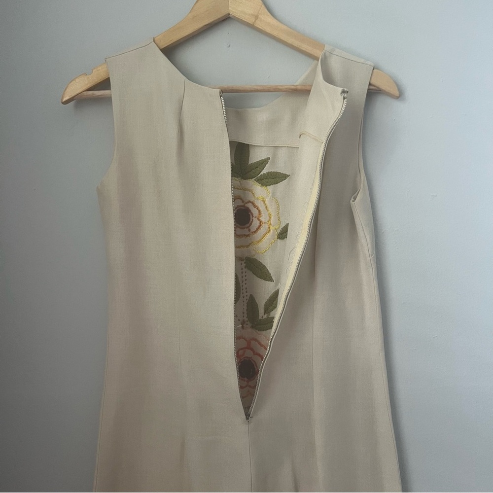 Vintage tan coral yellow flower power floral embroidered crewel sheath dress S - Picture 10 of 16